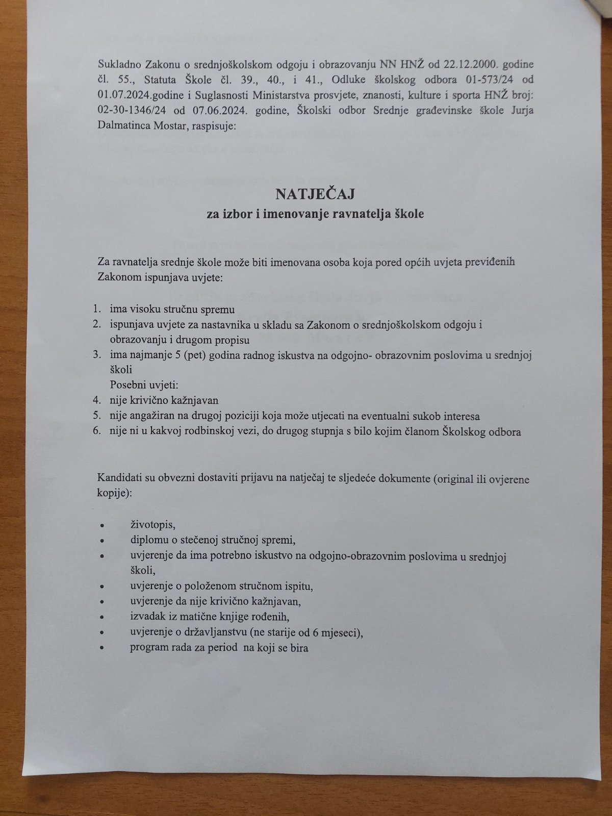 Natjecaj za ravnatelja